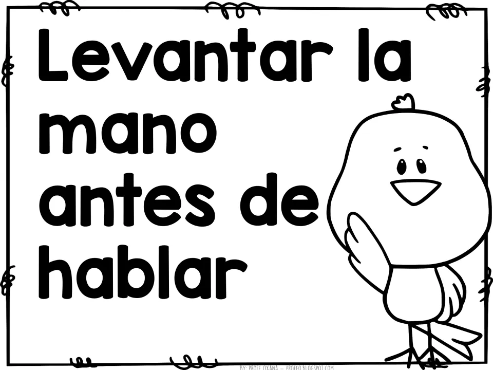 Classroom rule poster in Spanish: Levantar la mano antes de hablar (raise your hand before speaking), with a waving bird