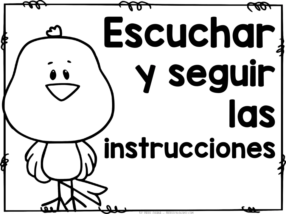 Spanish rule poster: Escuchar y seguir las instrucciones (listen and follow directions), shown beside a cartoon bird