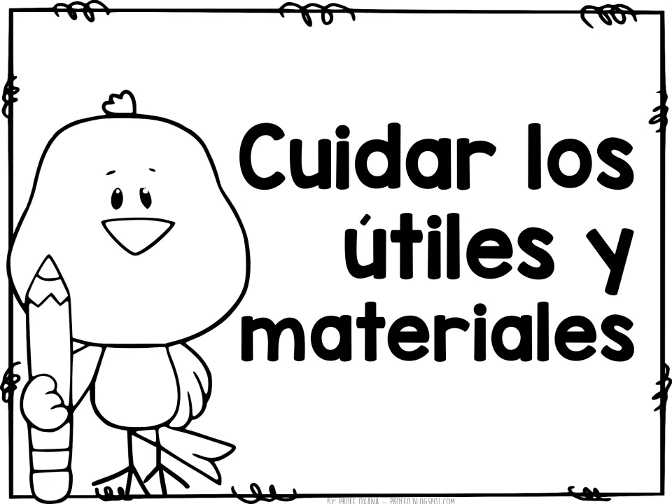 Spanish rule poster: Cuidar los útiles y materiales (take care of school supplies), with a bird holding a big pencil
