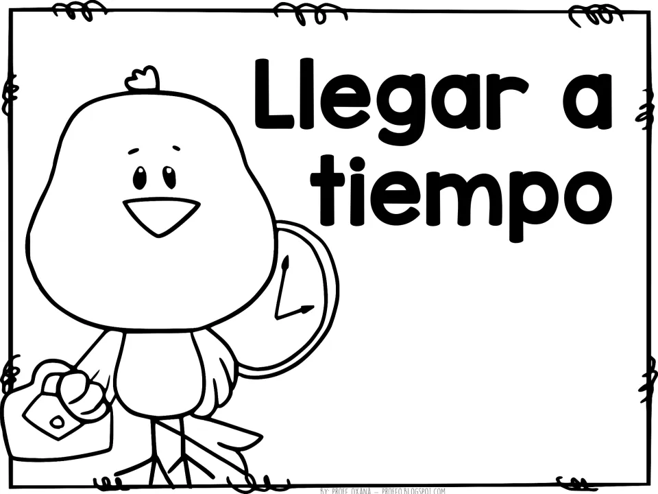 Spanish rule poster: Llegar a tiempo (arrive on time), a cartoon bird with a bag in hand and a large clock behind it