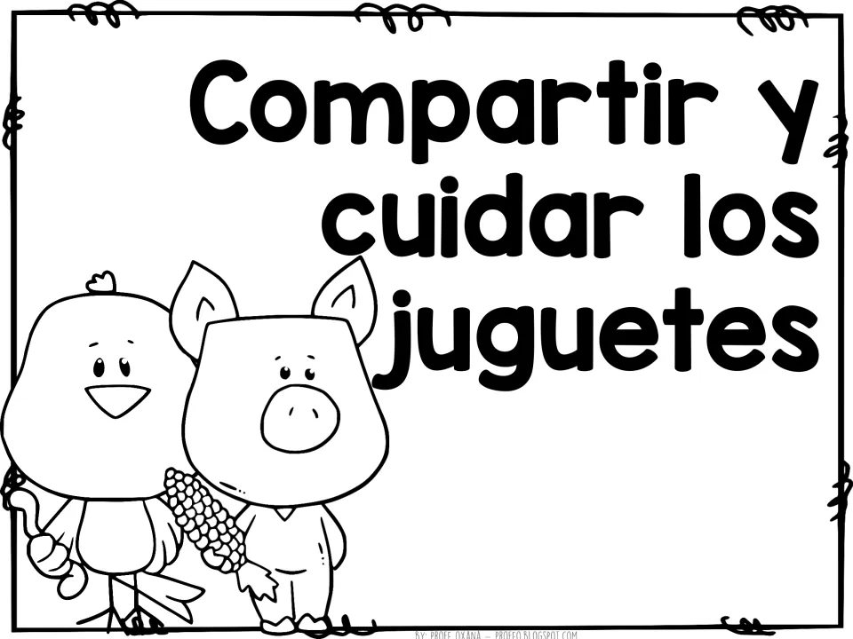 Spanish rule poster: Compartir y cuidar los juguetes (share and take care of the toys), with a bird and a pig together