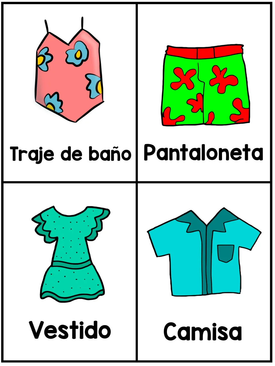Spanish clothing flashcards: traje de baño (swimsuit), pantaloneta (shorts), vestido (dress) and camisa (shirt)