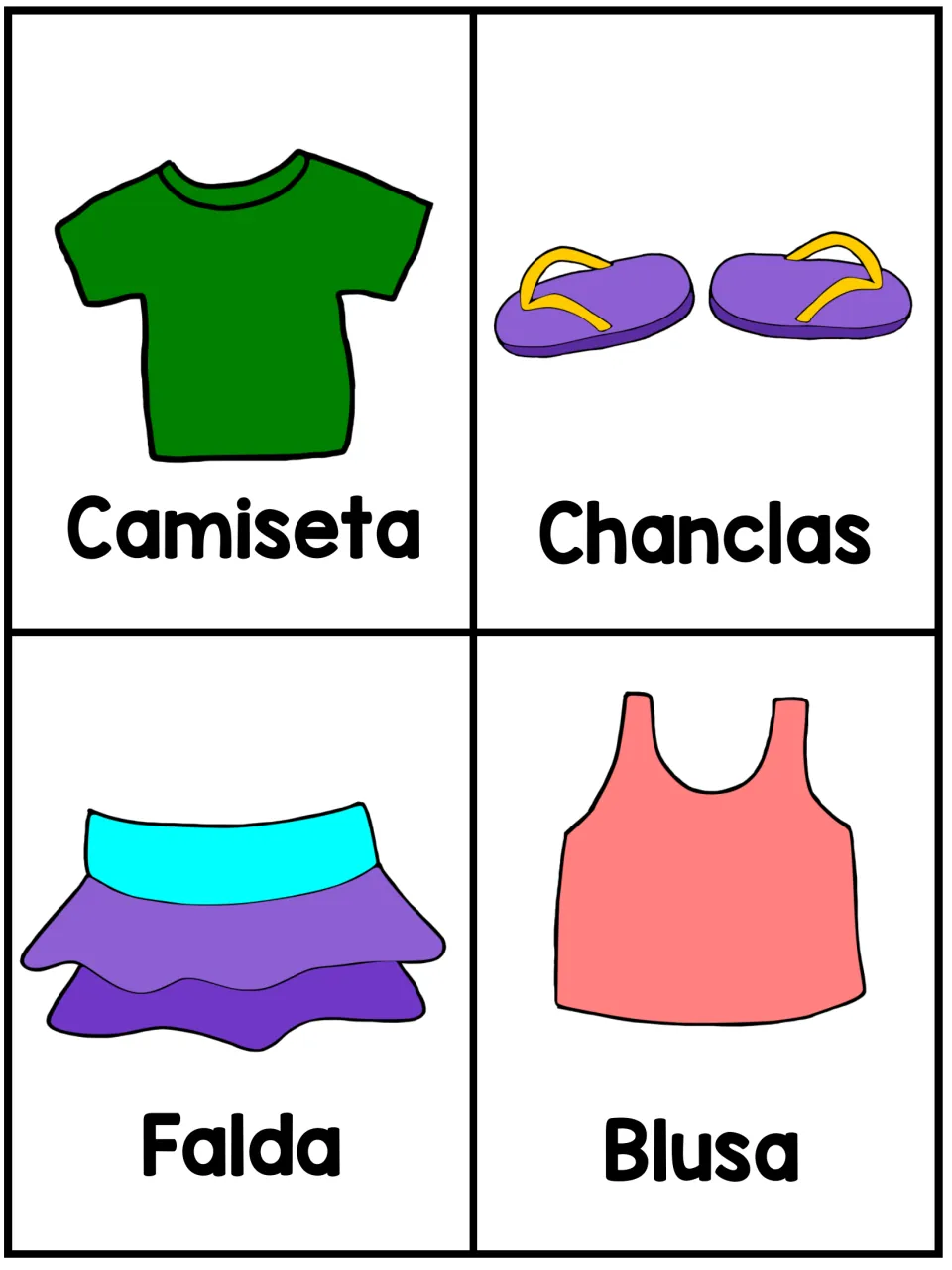 Spanish clothing flashcards: camiseta (T-shirt), chanclas (flip-flops), falda (skirt) and blusa (top)