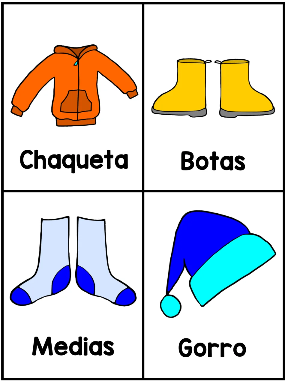 Spanish clothing flashcards showing chaqueta (jacket), botas (boots), medias (socks) and gorro (hat)