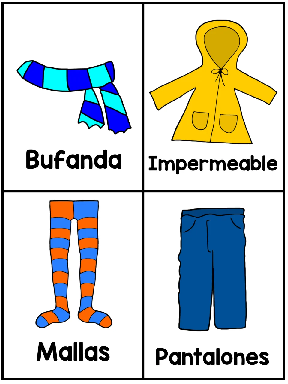 Spanish clothing flashcards: bufanda (scarf), impermeable (raincoat), mallas (tights) and pantalones (pants)