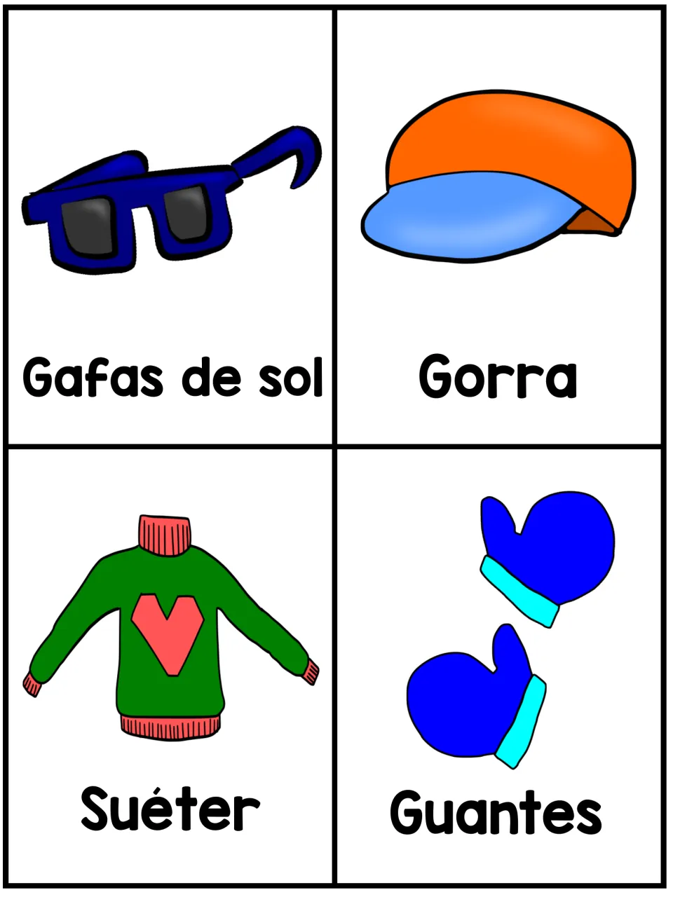 Spanish clothing flashcards: gafas de sol (sunglasses), gorra (cap), suéter (sweater) and guantes (gloves)