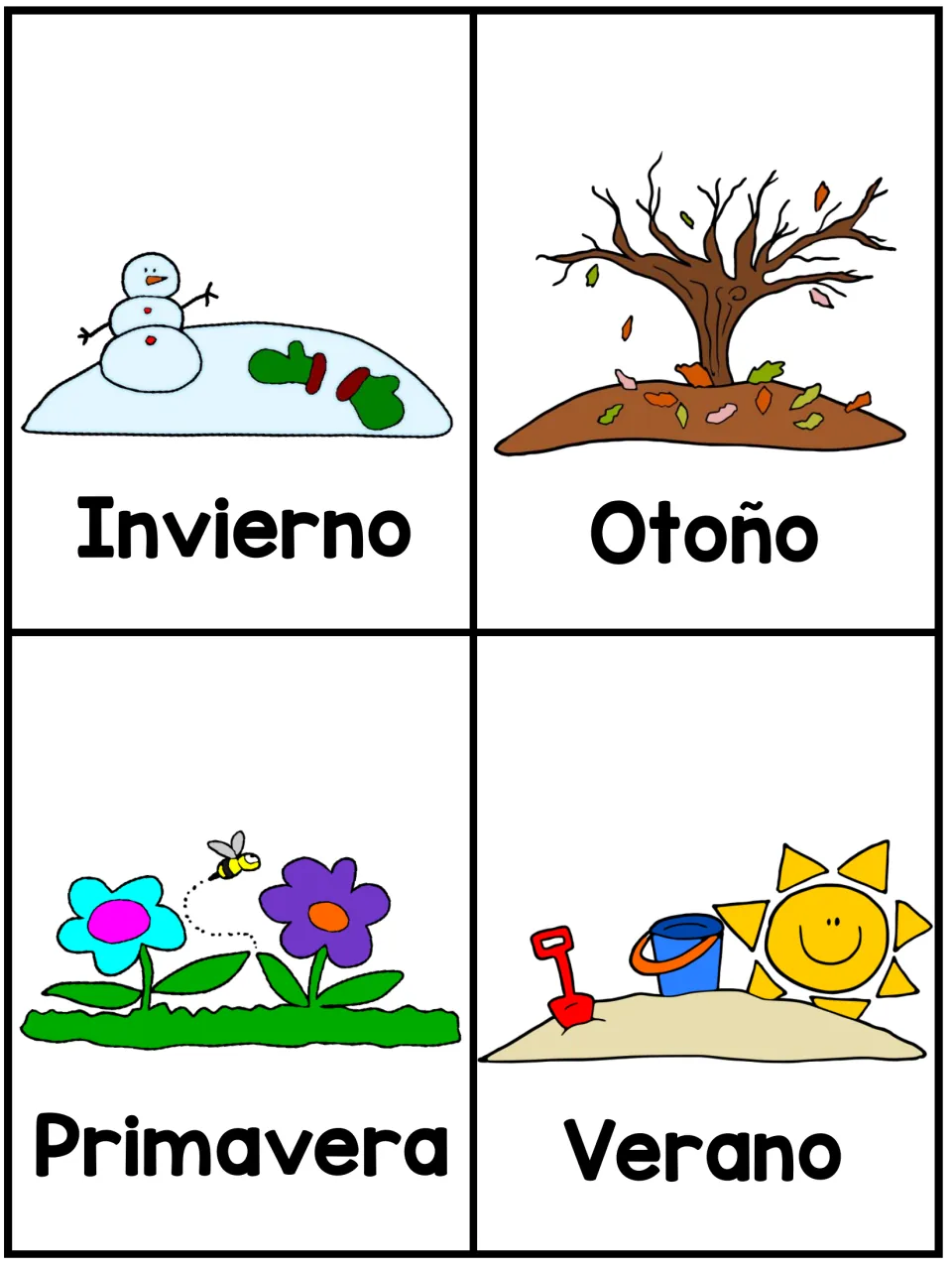 Spanish season flashcards showing invierno (winter), otoño (fall), primavera (spring) and verano (summer)