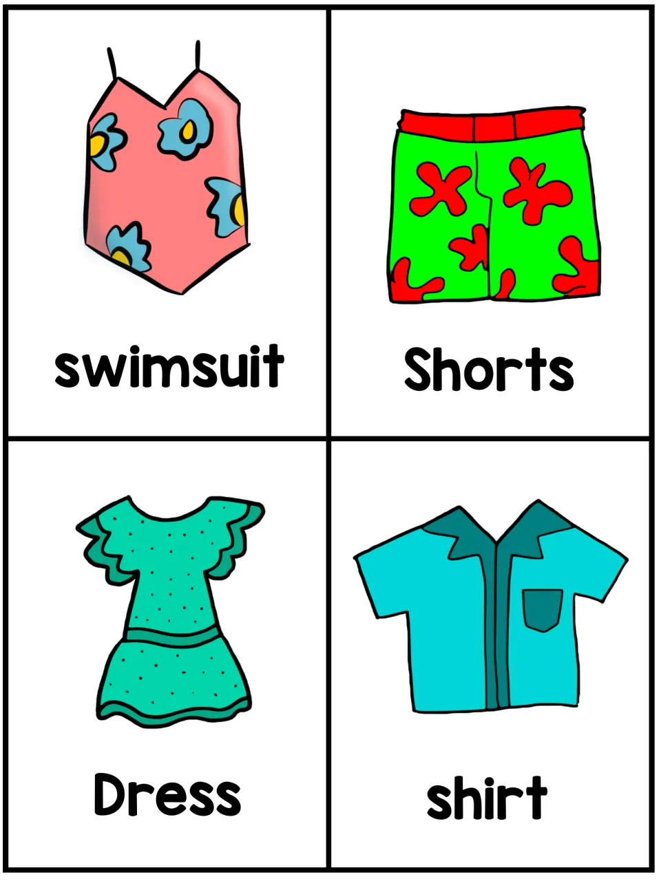 English clothing flashcards showing a swimsuit, shorts, a dress and a shirt, each labeled with its name