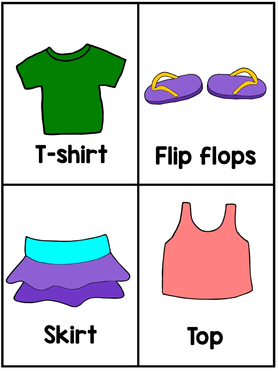 English clothing flashcards showing a T-shirt, flip-flops, a skirt and a top, each labeled with its name