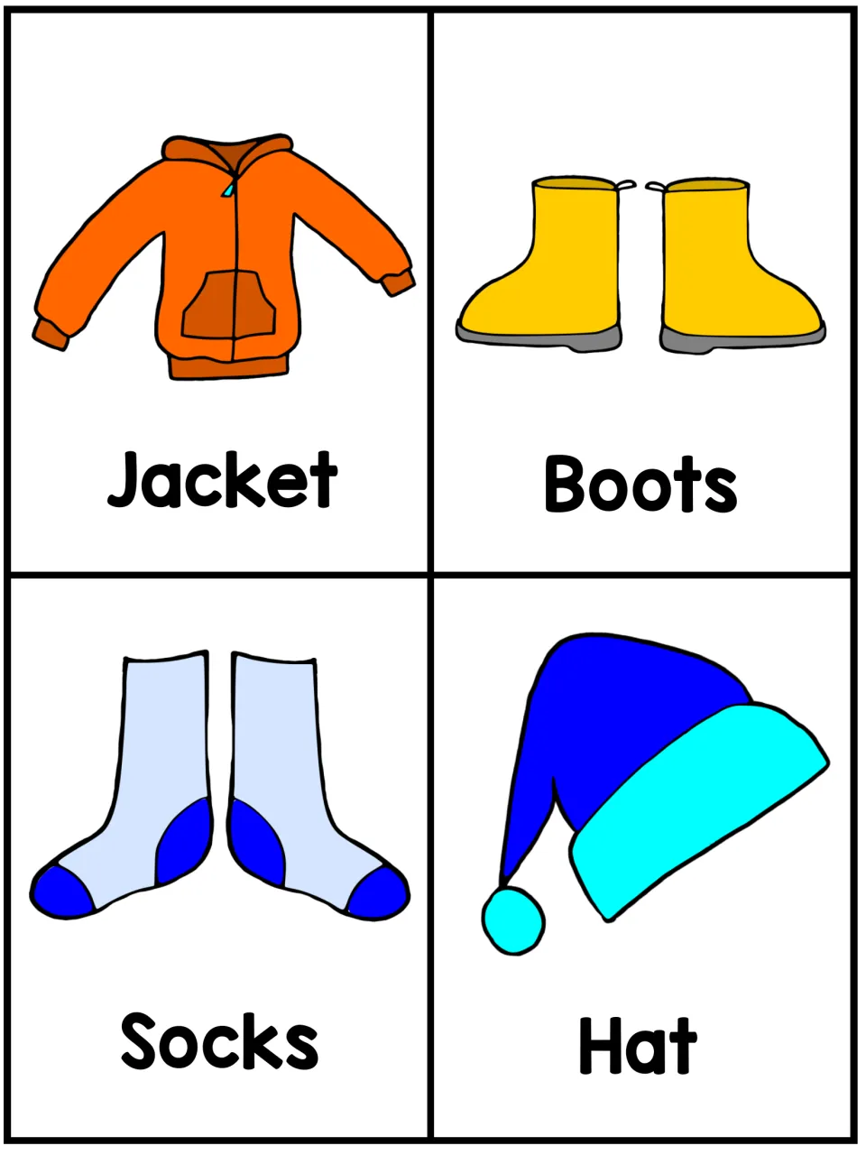 English clothing flashcards showing a jacket, boots, socks and a hat, each pictured above its word label