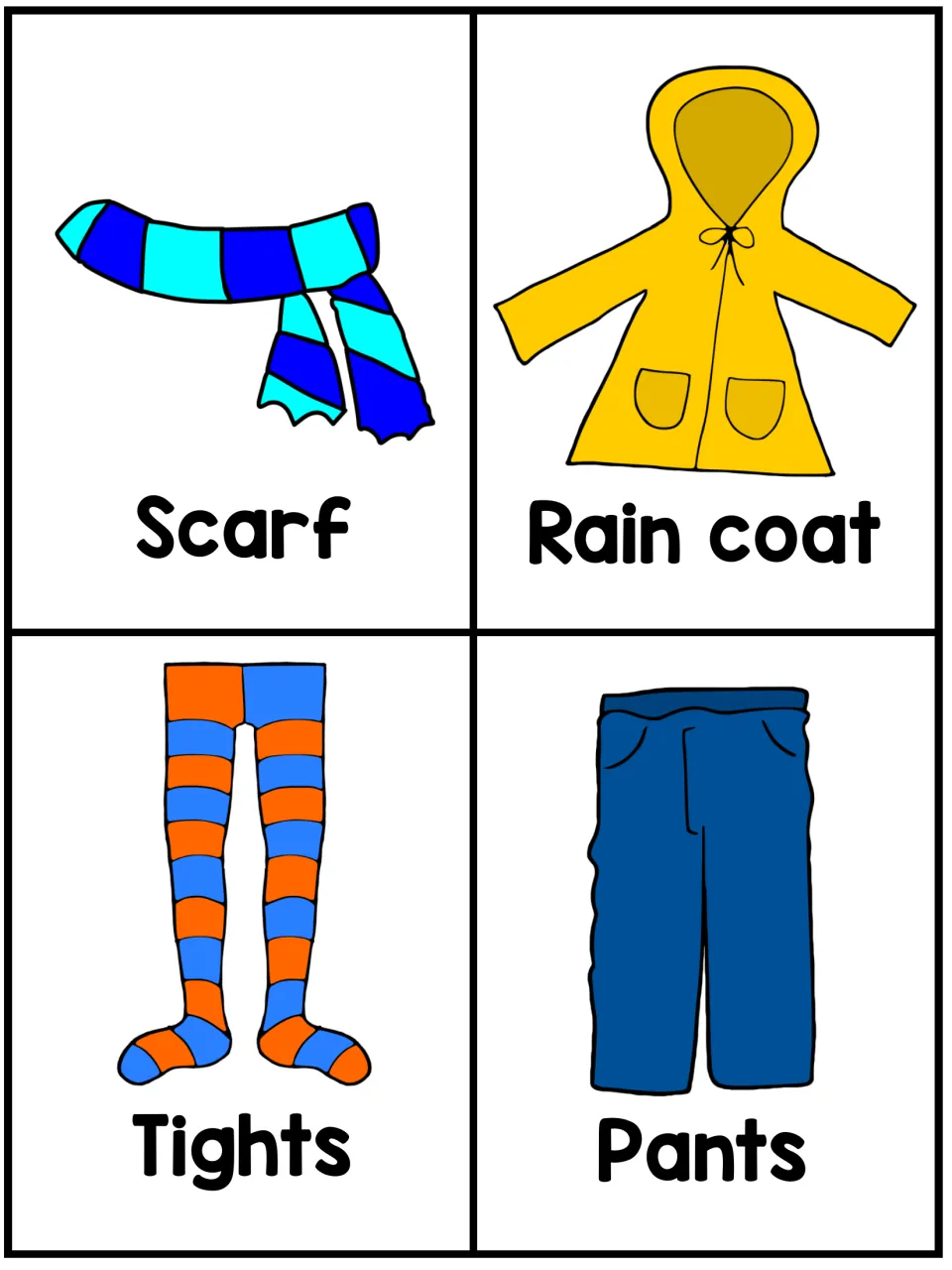 English clothing flashcards showing a scarf, raincoat, tights and pants, each pictured above its word label
