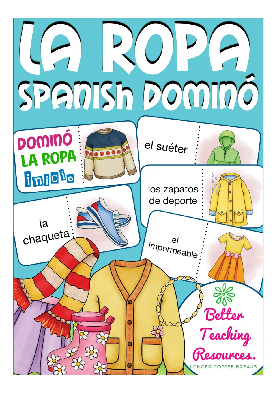 La Ropa Spanish Dominó cover: sample clothing domino cards like el suéter and la chaqueta, each word next to a picture