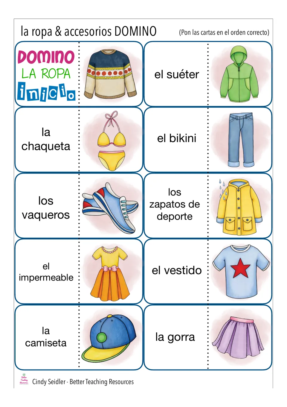 Clothing dominoes 1-10: students match each Spanish word, from el suéter to la gorra, to the picture on the previous card