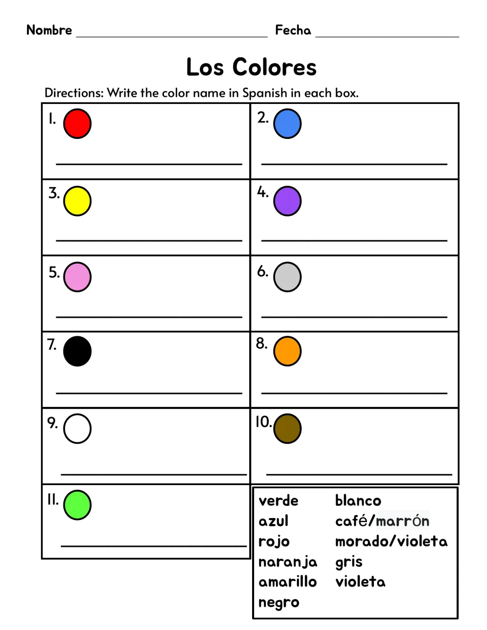 Spanish color names: students write the Spanish word for each of 11 colored circles, using a word bank