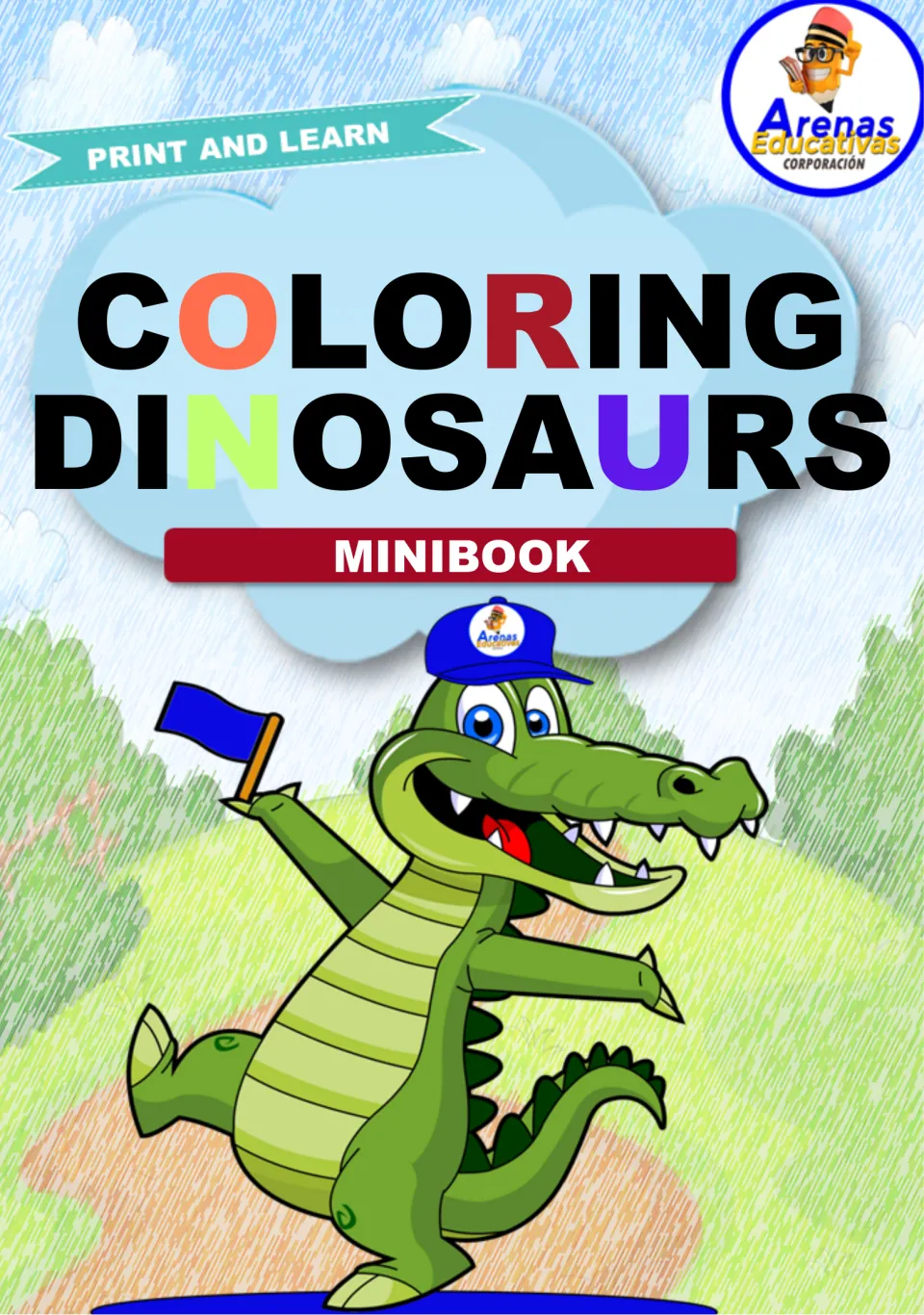 Cover of the Spanish dinosaur affirmation coloring mini book, titled 'Coloring Dinosaurs' and 'Minibook'