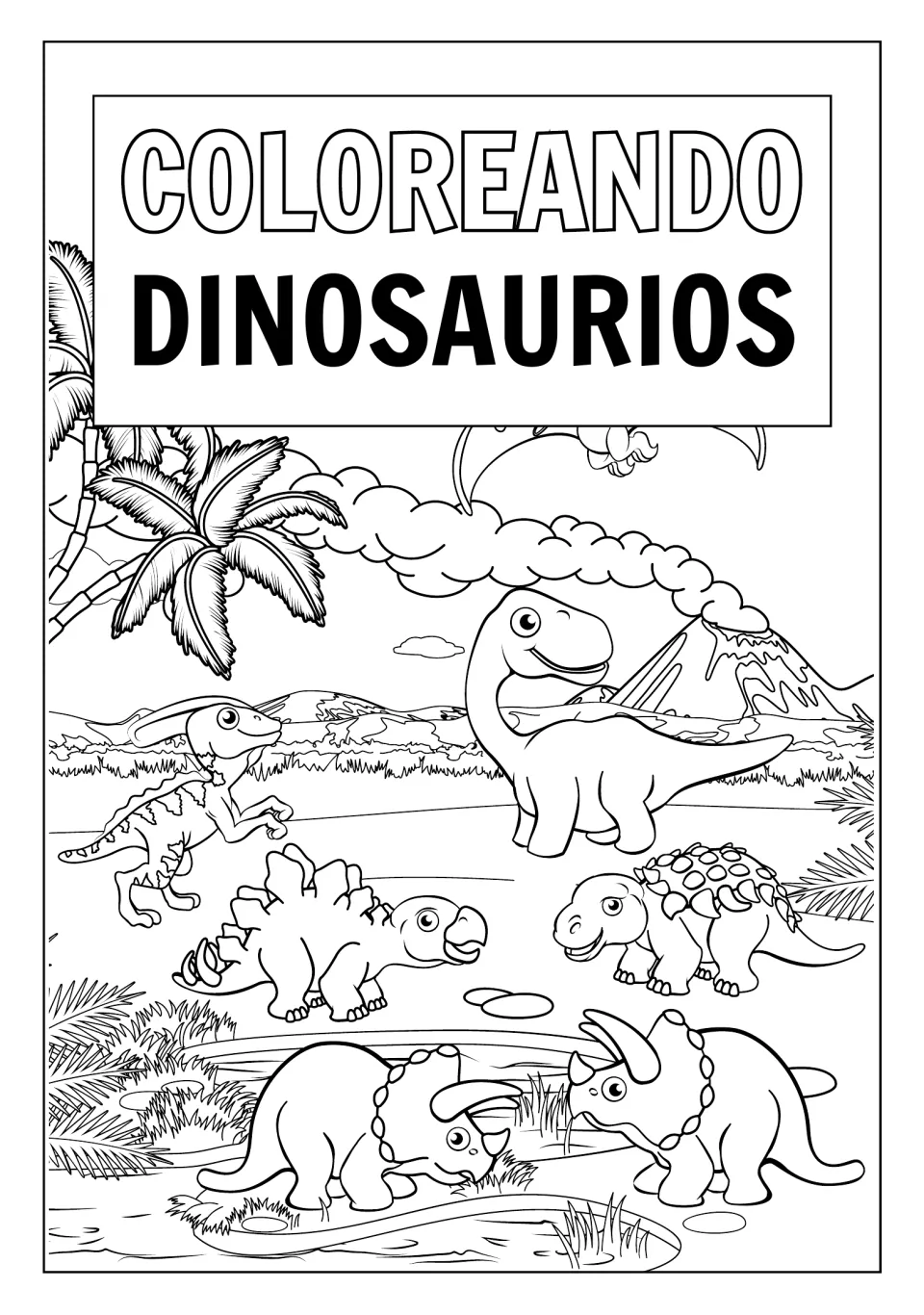 Coloring title page for the mini book: 'Coloreando dinosaurios' (Coloring dinosaurs) above a dinosaur group