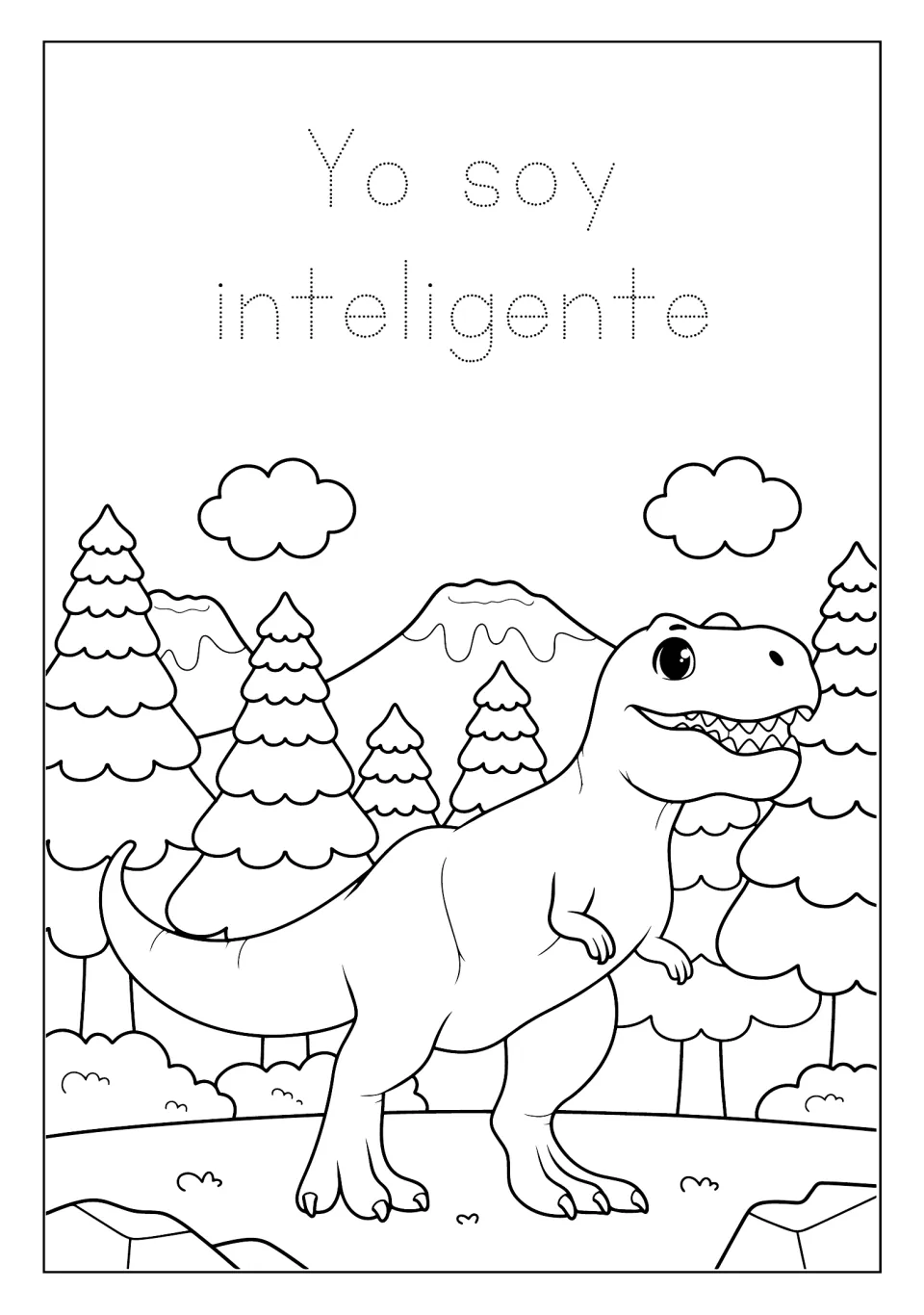 Dinosaur coloring mini book page 3: trace 'Yo soy inteligente' (I am intelligent) and color a T. rex scene
