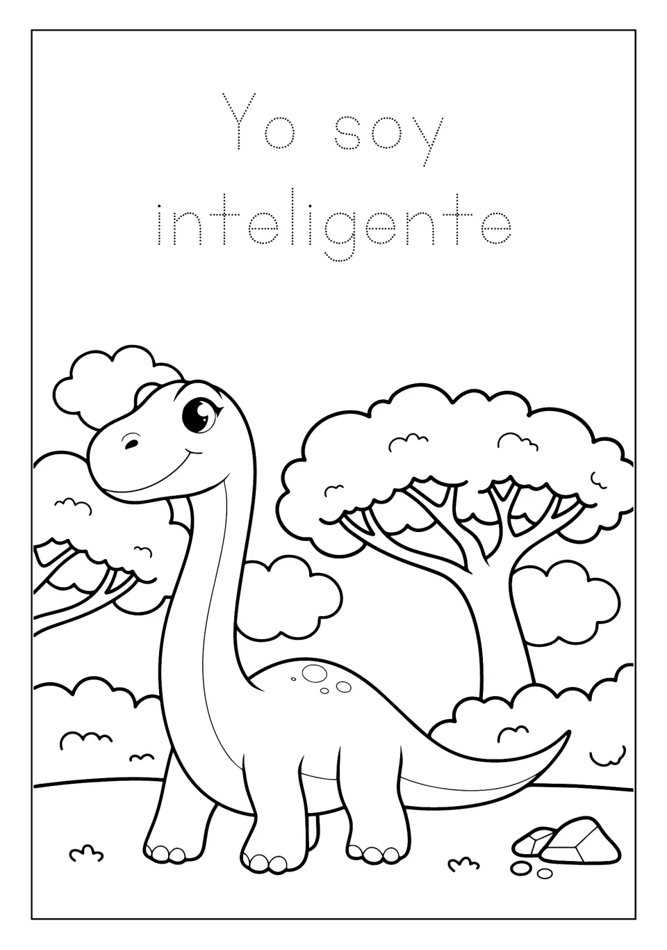 Dinosaur coloring mini book page 4: trace 'Yo soy inteligente' (I am intelligent) above a long-neck dinosaur