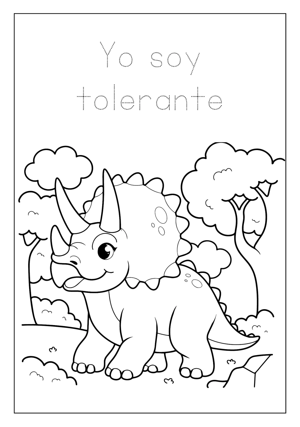 Dinosaur coloring mini book page 5: trace 'Yo soy tolerante' (I am tolerant) and color a Triceratops scene