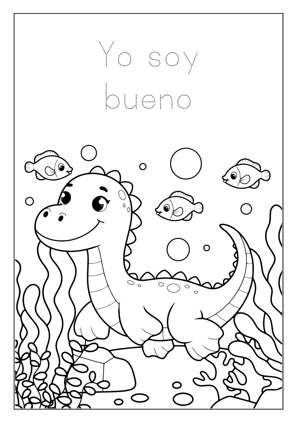 Dinosaur coloring mini book page 6: trace 'Yo soy bueno' (I am good) above an underwater dinosaur and fish