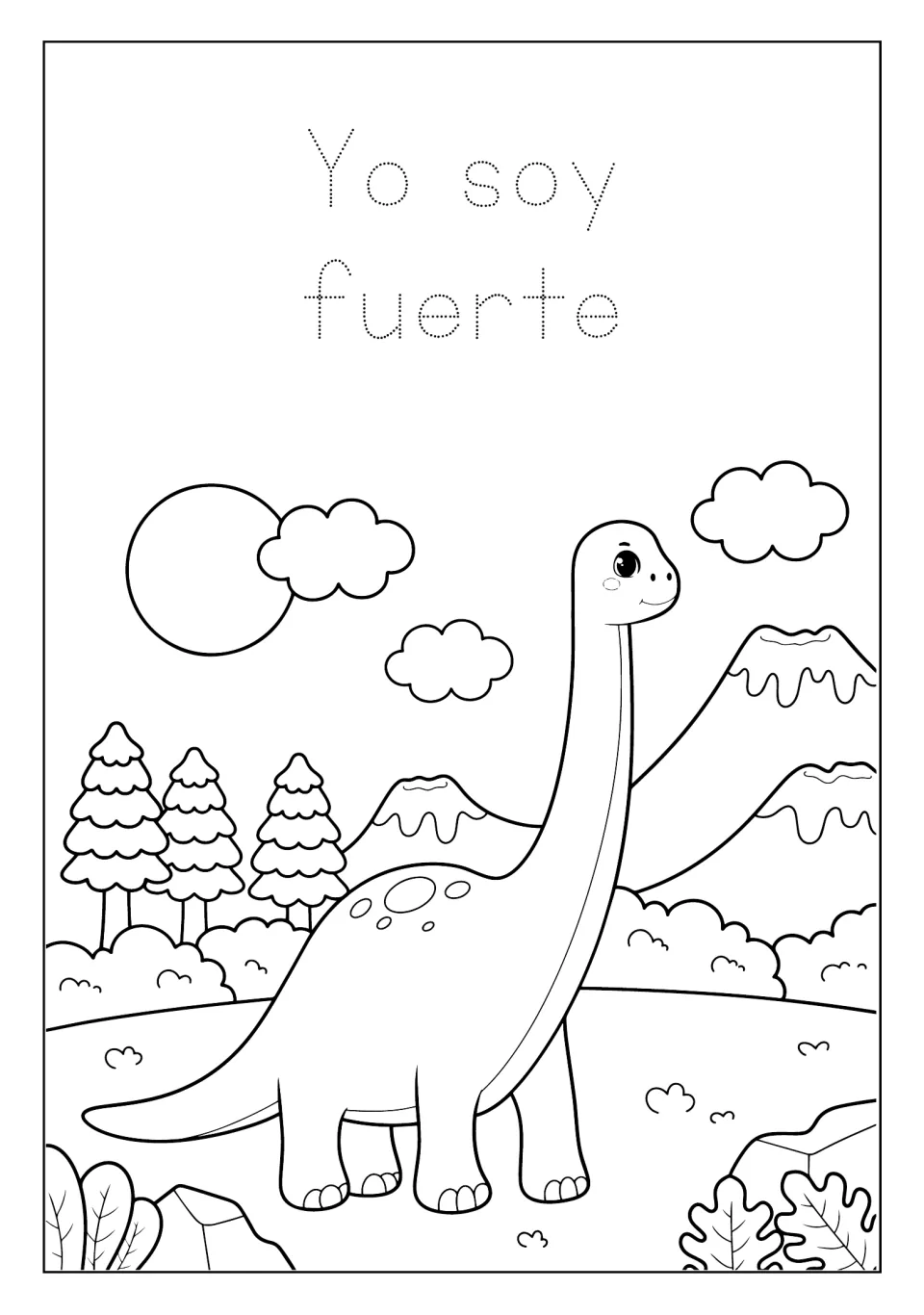 Dinosaur coloring mini book page 8: trace 'Yo soy fuerte' (I am strong) and color a long-neck dinosaur scene