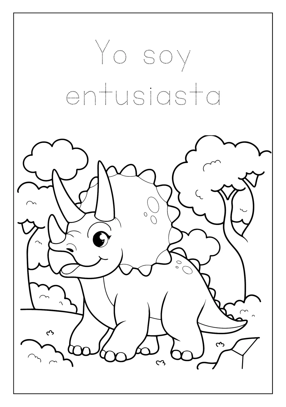 Dinosaur coloring mini book page 9: trace 'Yo soy entusiasta' (I am enthusiastic) above a Triceratops scene