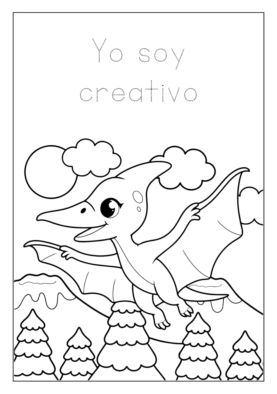 Dinosaur coloring mini book page 10: trace 'Yo soy creativo' (I am creative) and color a flying pterosaur