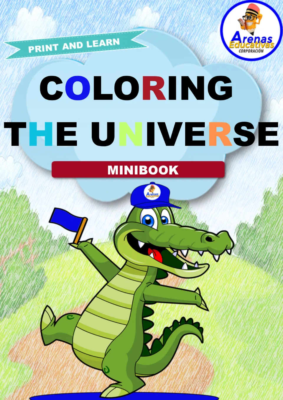 Space coloring mini book cover titled 'Coloring the Universe' with the labels 'Print and Learn' and 'Minibook'