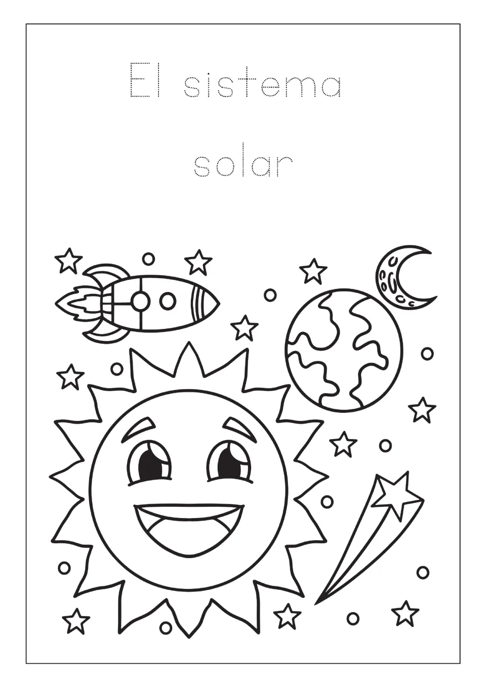 Space coloring page with 'El sistema solar' (The solar system) to trace above a sun, Earth, and rocket