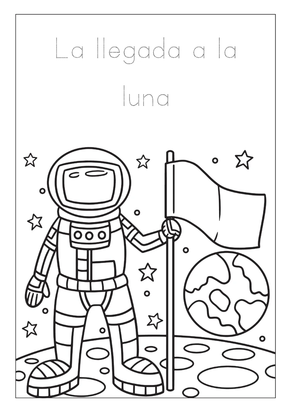 Space coloring page: 'La llegada a la luna' (Arrival on the moon) to trace, with an astronaut holding a flag