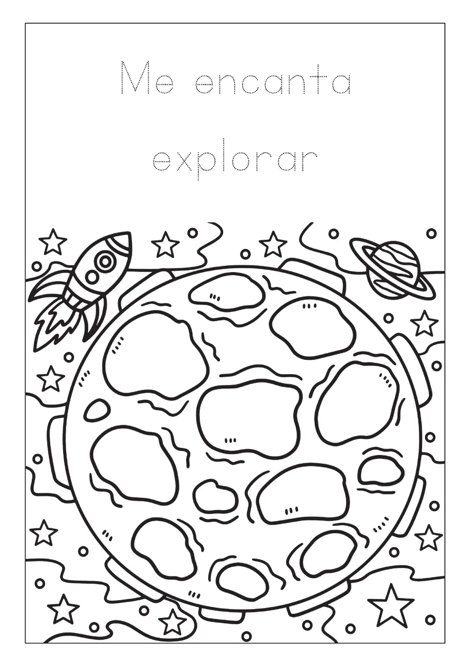 Space coloring page: 'Me encanta explorar' (I love exploring) to trace above a cratered world and rocket