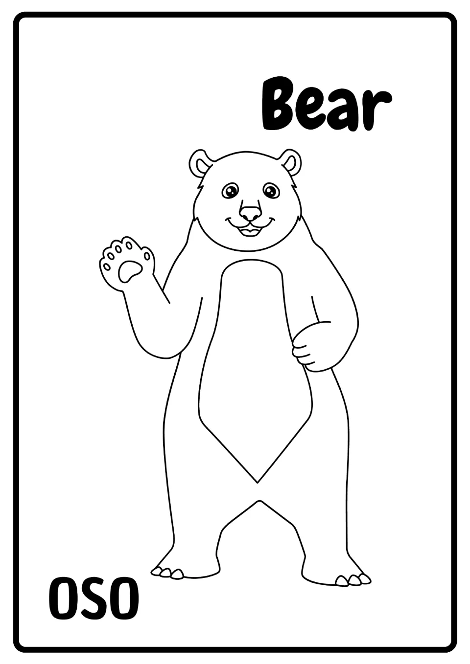 Bear vocabulary: students color a standing, waving bear outline labeled Bear in English and OSO in Spanish