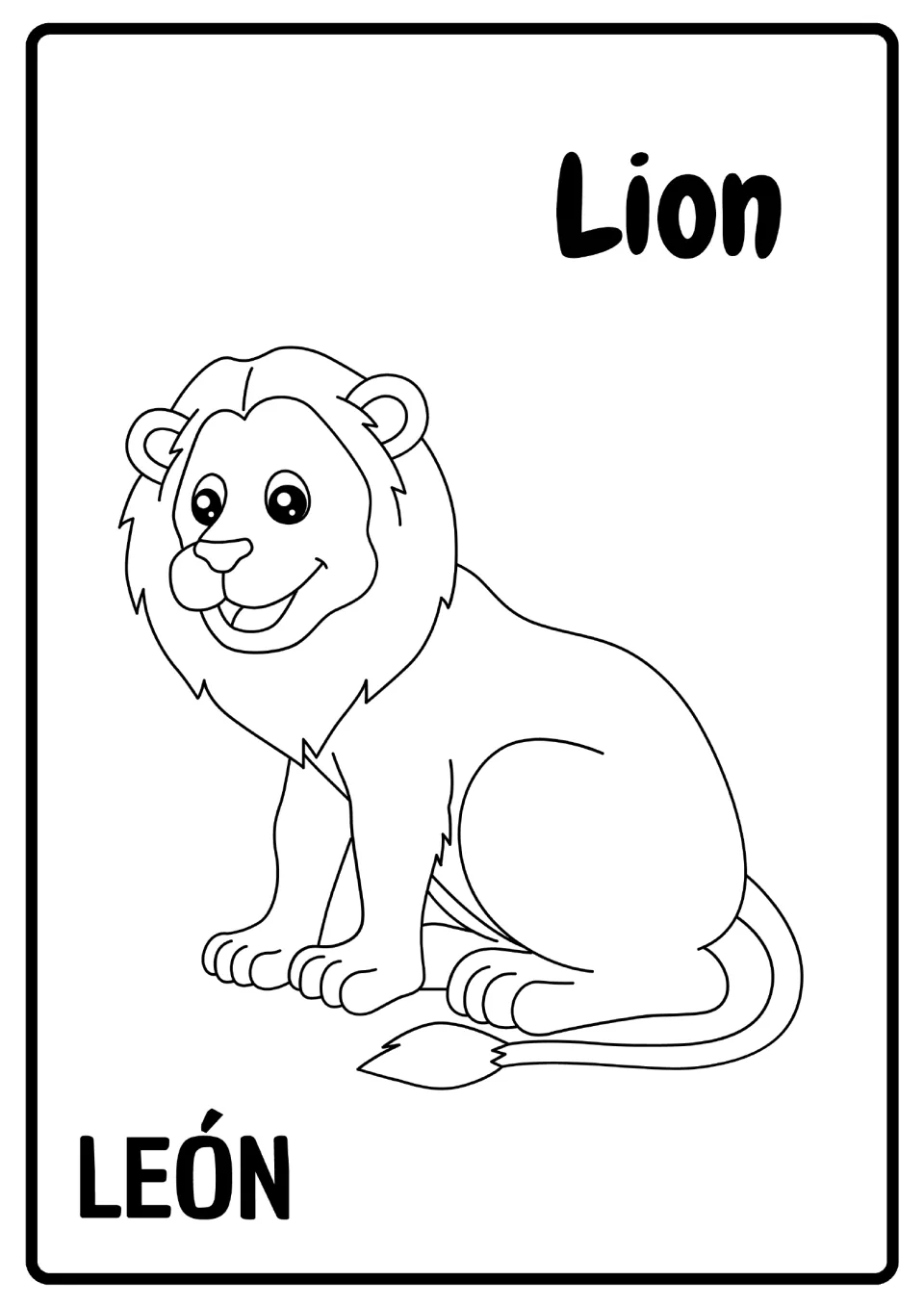 Lion vocabulary: students color a seated, smiling lion outline labeled Lion in English and LEÓN in Spanish