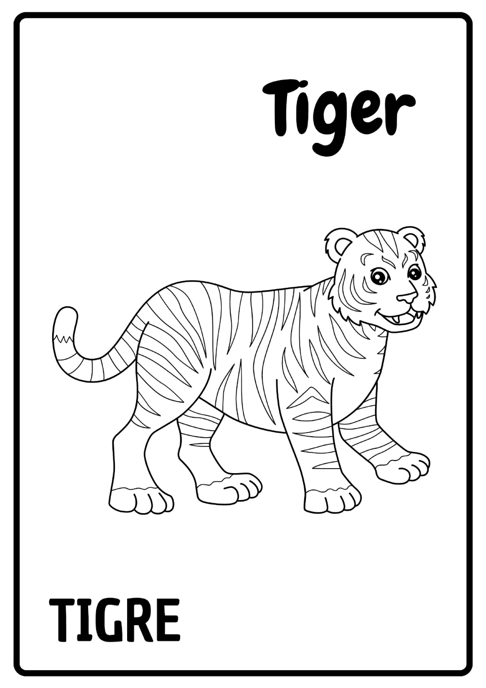 Tiger vocabulary: students color a striped, walking tiger outline labeled Tiger in English and TIGRE in Spanish