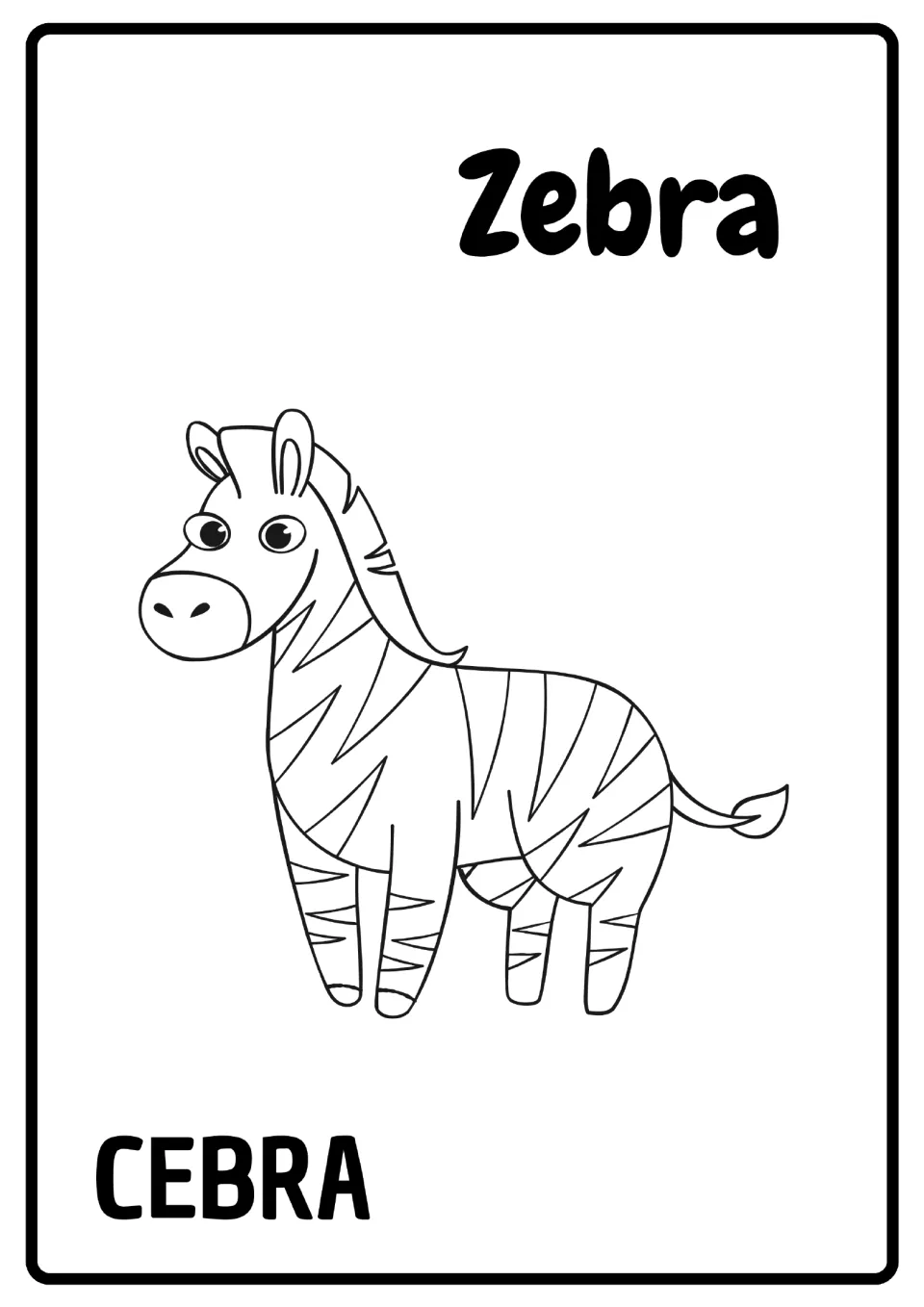 Zebra vocabulary: students color a striped cartoon zebra outline labeled Zebra in English and CEBRA in Spanish