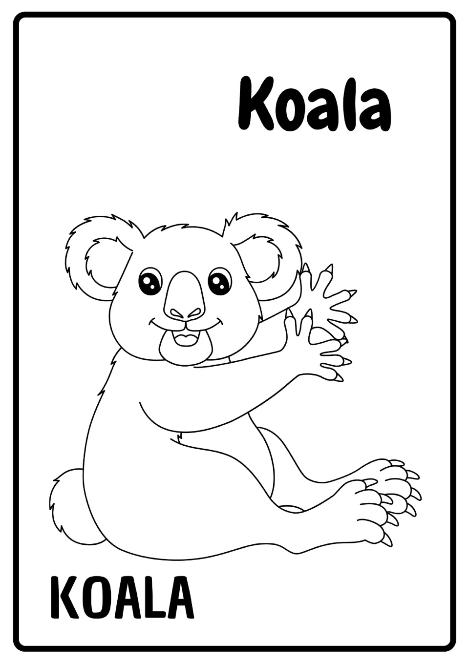 Koala vocabulary: students color a sitting koala outline with one paw raised, labeled Koala and KOALA in Spanish