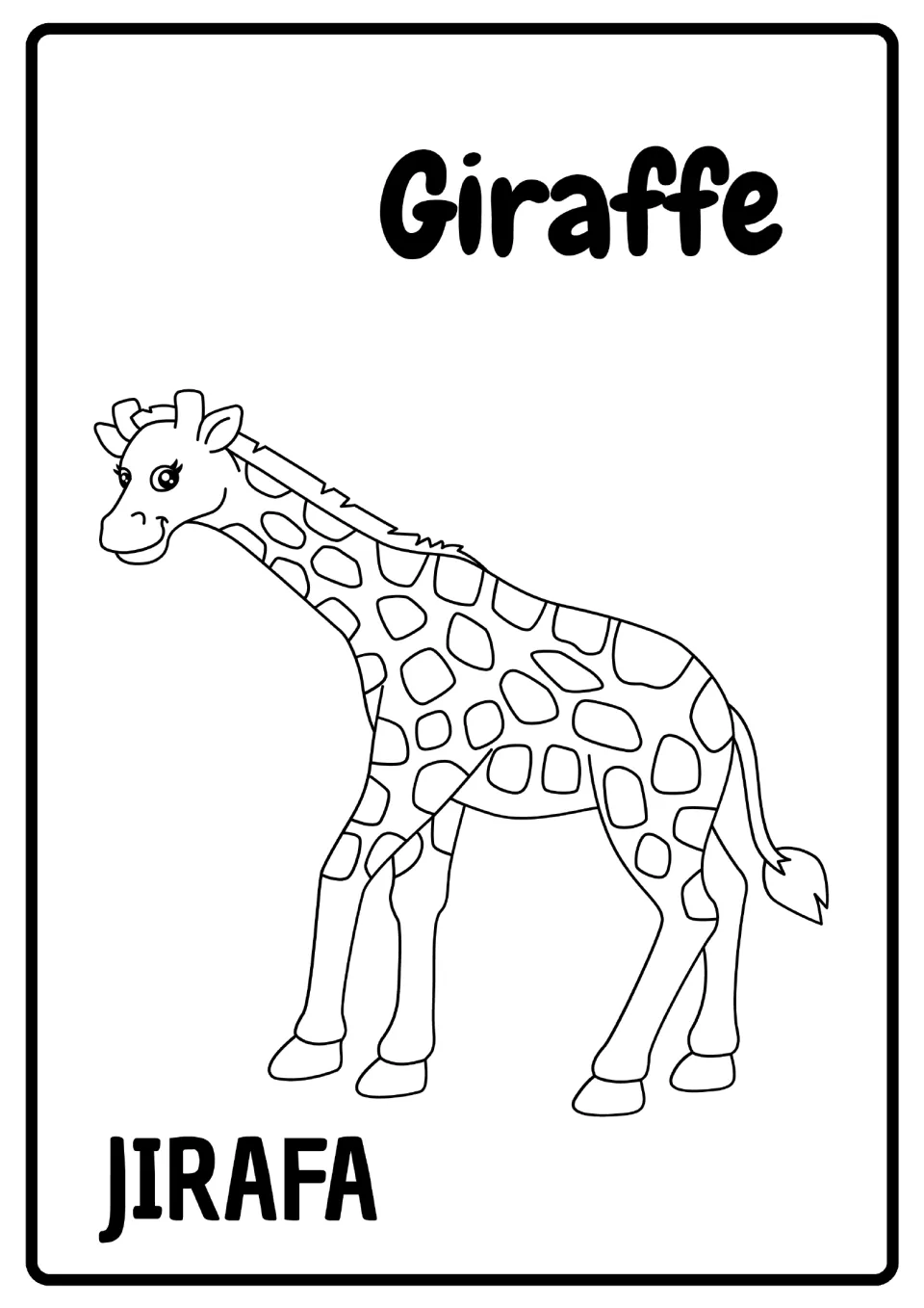 Giraffe vocabulary: students color a spotted giraffe outline labeled Giraffe in English and JIRAFA in Spanish