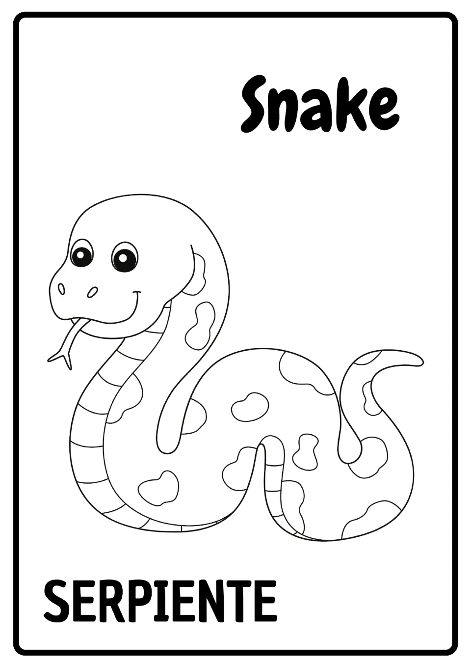 Snake vocabulary: students color a coiled, spotted snake outline labeled Snake in English and SERPIENTE in Spanish