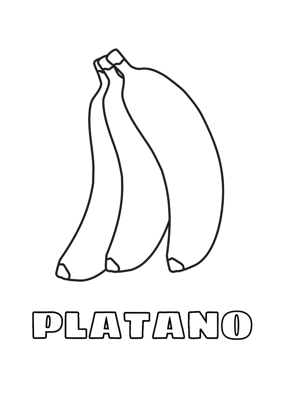 Spanish fruit word platano: students color a bunch of three bananas and the outlined letters of the word beneath it