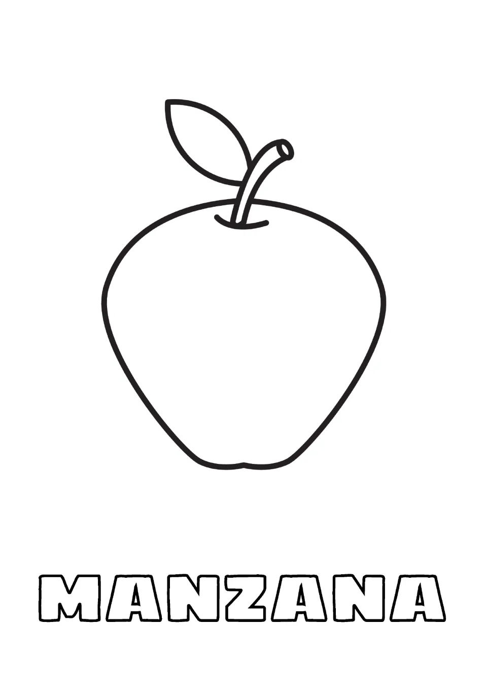 Spanish word manzana: learners color a large apple with a stem and leaf, then fill in the bubble letters spelling the word