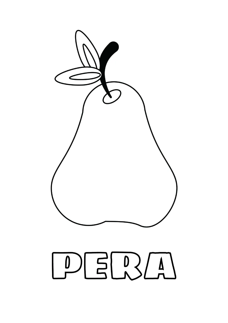 Fruit vocabulary in Spanish, pera: students color a pear with a curved stem and leaves and trace over the outlined word