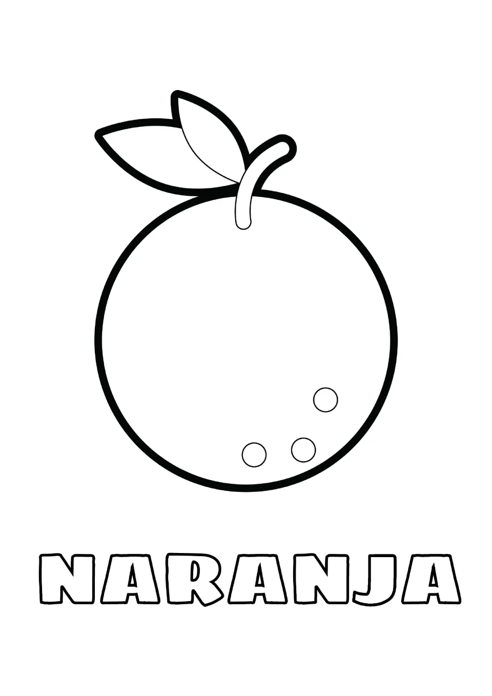 Spanish word naranja: children color a round orange with a leafy stem and the hollow letters of the word printed below it