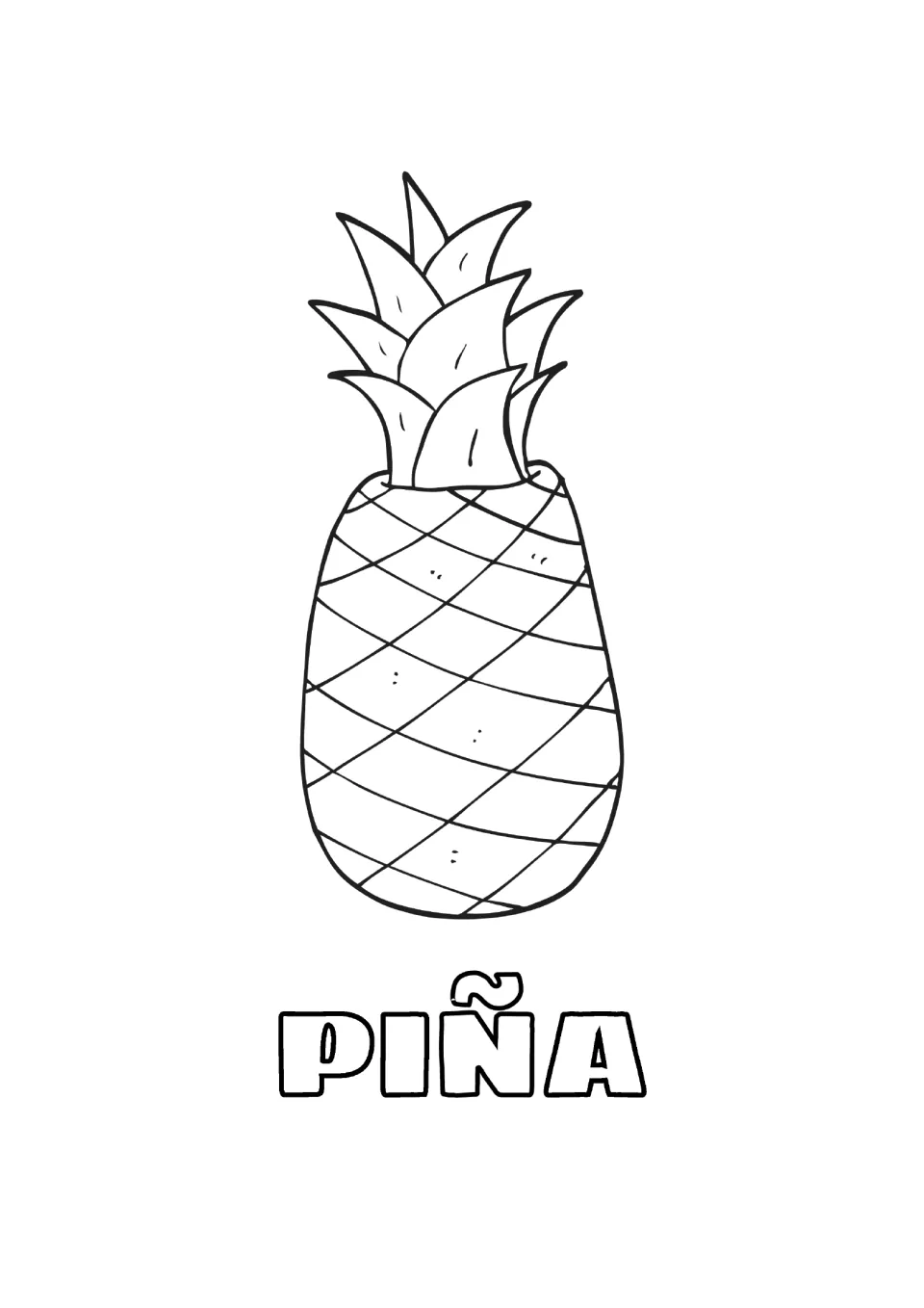 Spanish fruit name piña: students color a pineapple with a spiky leaf crown and notice the ñ in the outlined word below
