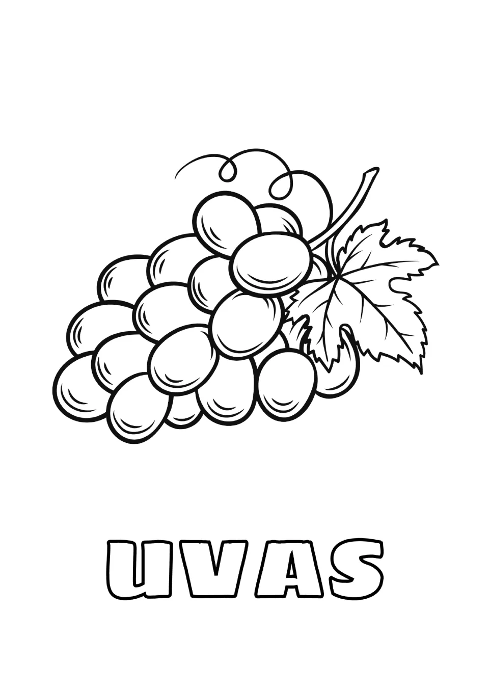 Spanish word uvas: students color a bunch of grapes with a vine leaf and curling tendrils, plus the bubble letters of uvas