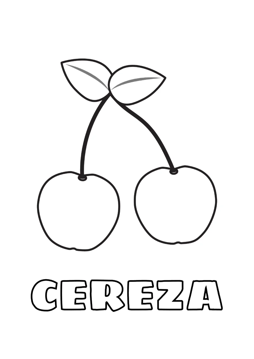 Spanish fruit word cereza: learners color a pair of cherries joined at the stem with two leaves, and the outlined word