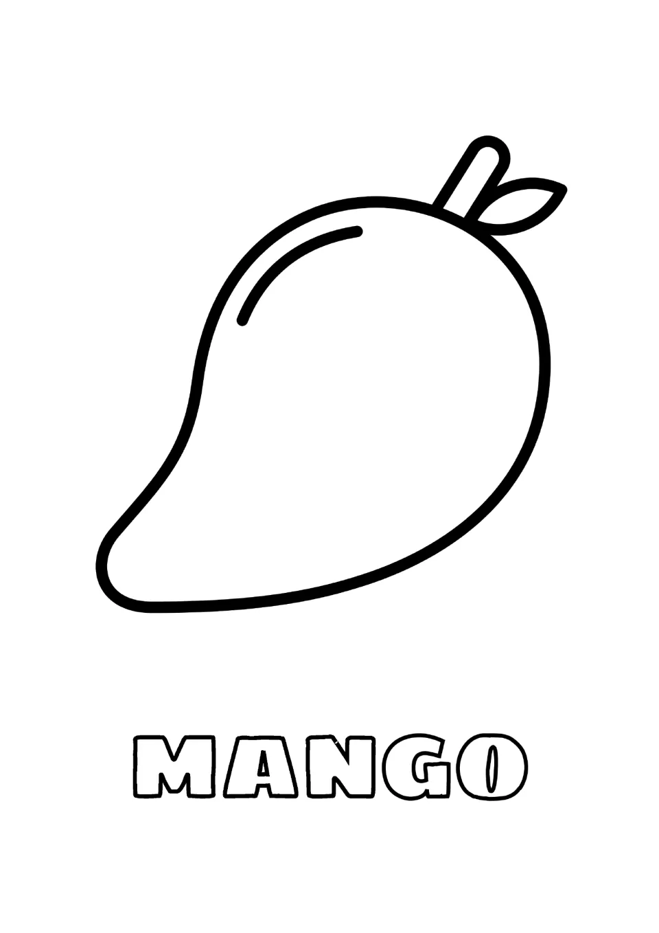 Spanish word mango: students color a single mango with a short stem and leaf, then color the bubble letters spelling mango