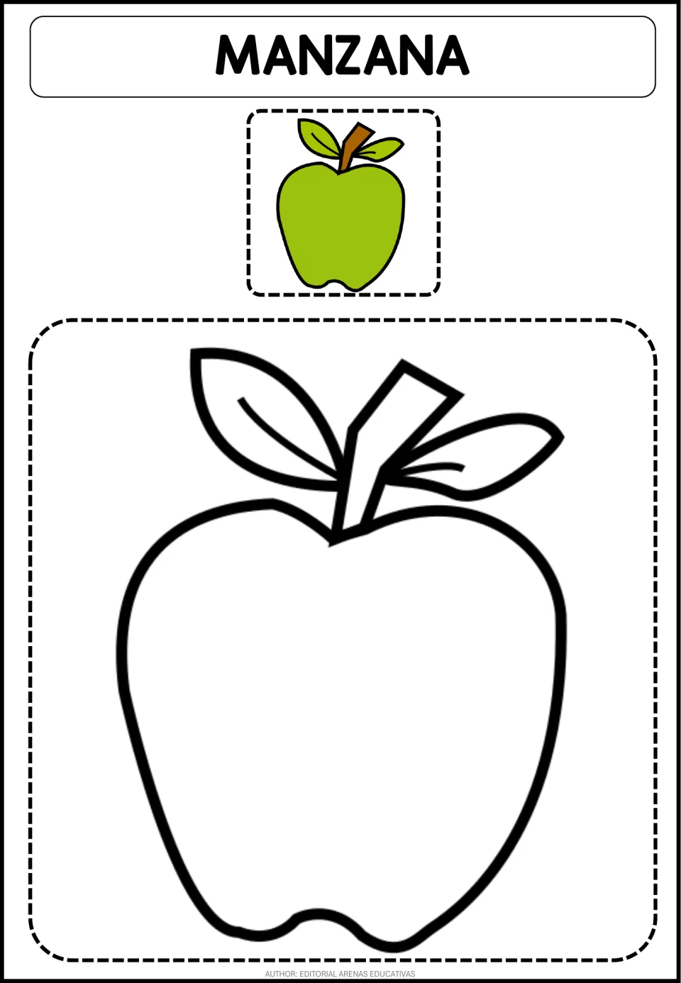 Manzana (apple) coloring page: students color a large outline with stem and two leaves, copying the small green model