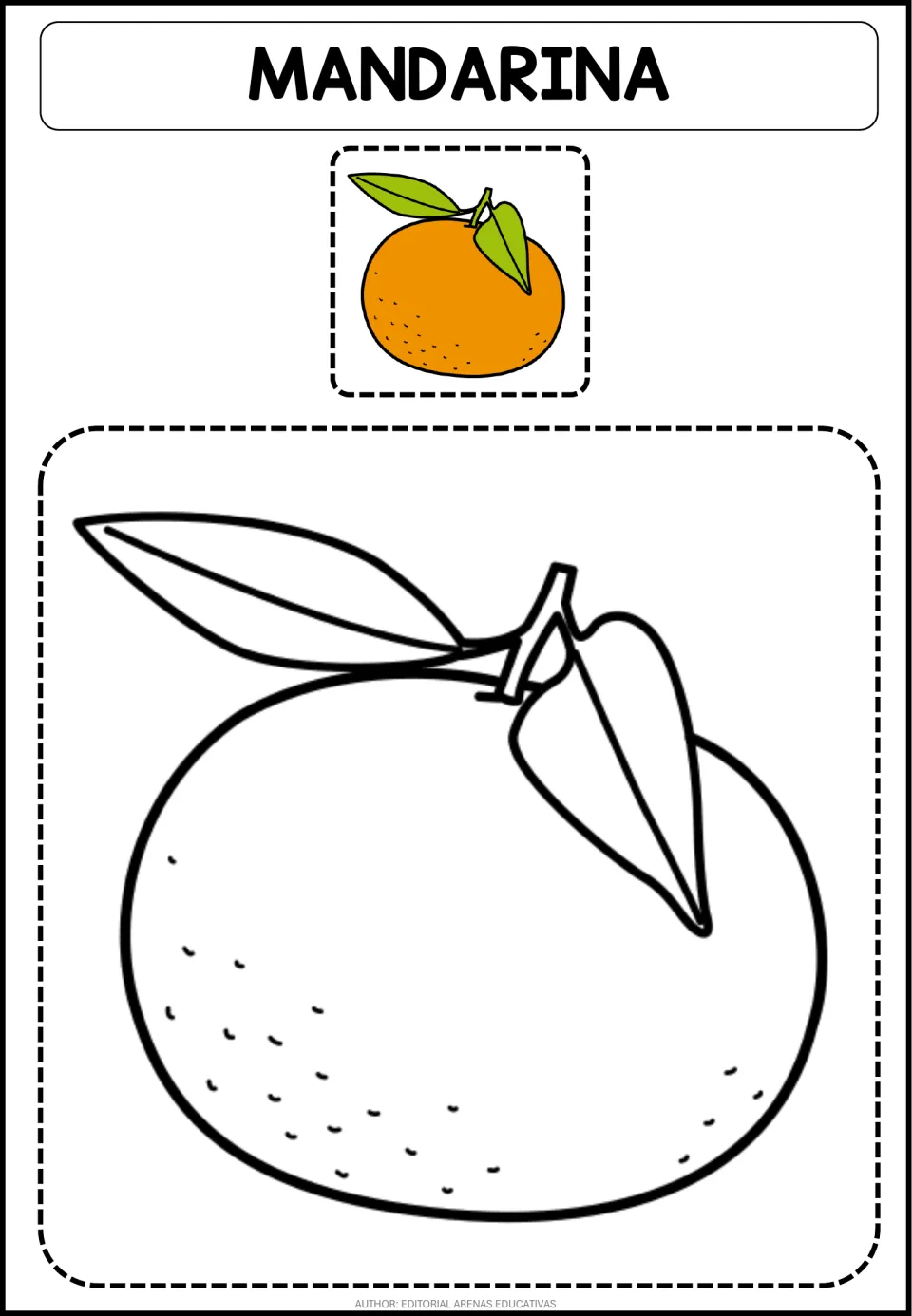 Mandarina (tangerine) coloring page: students color a big leafy outline, matching the small orange model