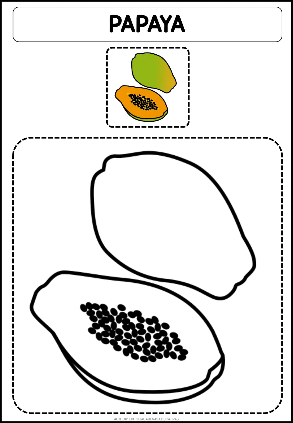 Papaya coloring page: students color a whole fruit and a seeded half, following the green and orange model