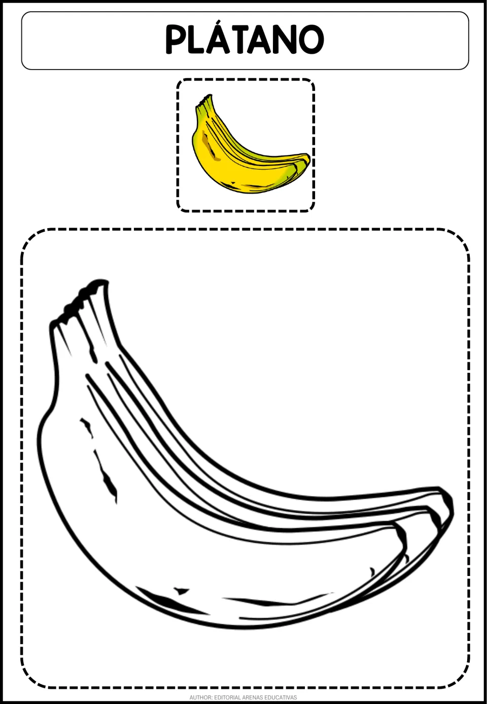 Plátano (banana) coloring page: students color a large bunch outline, copying the small yellow model picture